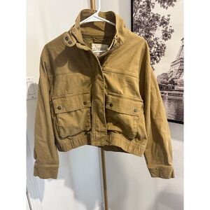 Natural Reflections Tan Khaki Utility Jacket Womens Medium Cropped Cotton Zip Up